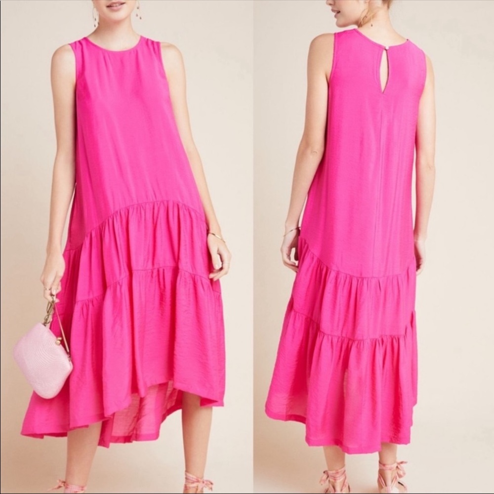 Anthropologie Hot Pink Tiered Midi Dress